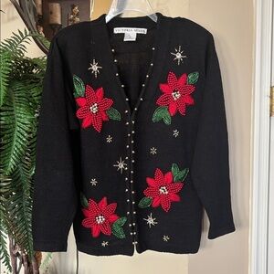 Vintage Victoria Jones Christmas Sweater Cardigan Black Ramie Beaded Poinsettias